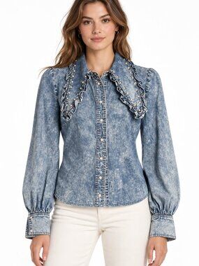 MANOUSH Pearl & Ruffle Acid Wash Denim Blouse Top - Size FR 36 / US 4